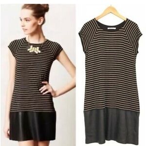Bailey 44 Shift Dress Black with Tan Stripe Faux Leather Bottom Size Medium